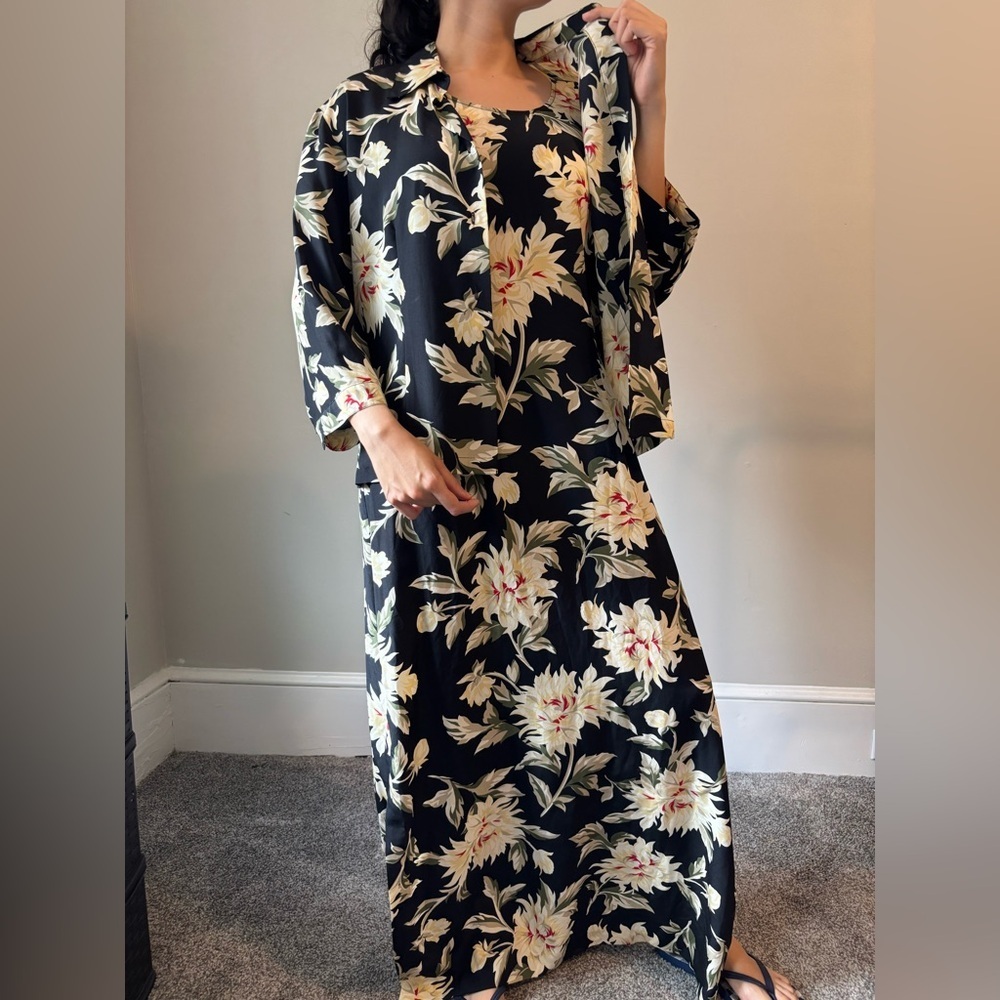 Y2K‎ Silk Fairycore Black Floral Whimsical Set Maxi dress Button Down Top Large - Picture 3 of 11